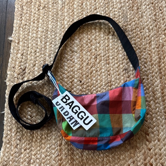 BAGGU Handbags - BAGGU Madras Multicolor Check small Crescent Bag with Black Strap (UO exclusive)